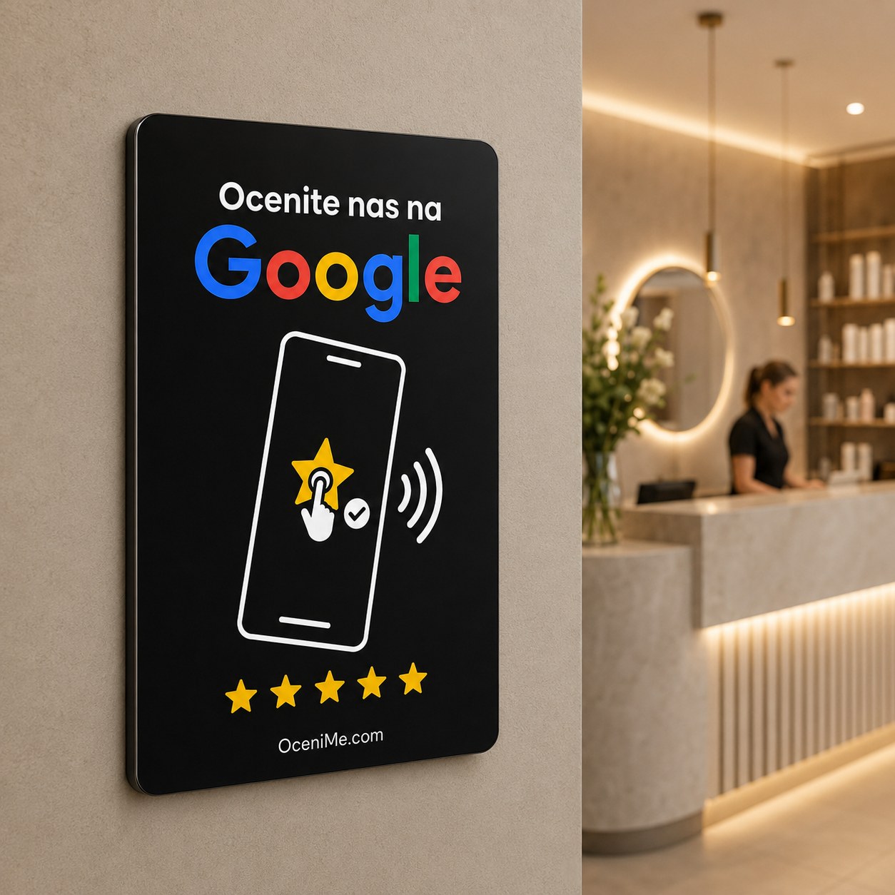 Samolepilna NFC tablica OceniMe iz premium akrila, nameščena na steni v salonu